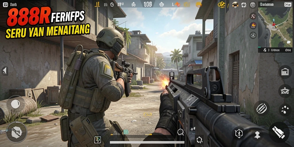 Screenshot utama 888R menampilkan aksi intens dalam game FPS.