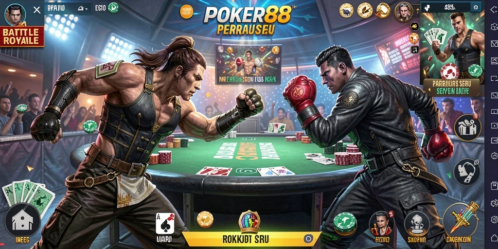 Screenshot gameplay POKER88 menampilkan aksi pertempuran Battle Royale yang mendebarkan.